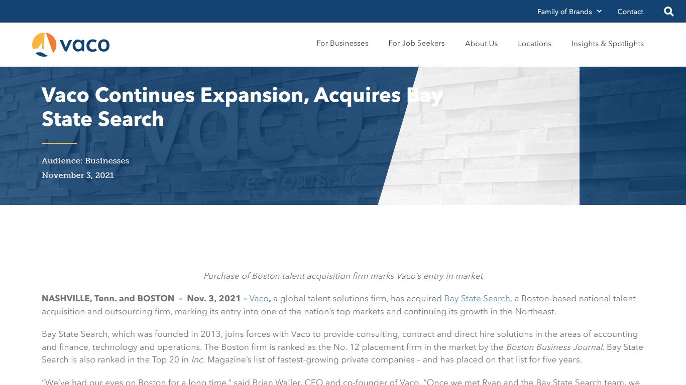 Vaco Continues Expansion, Acquires Bay State Search